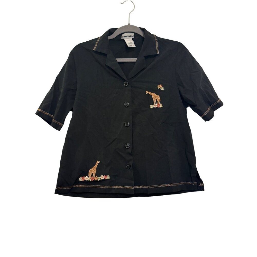 Vintage Bon Worth Button Front Womens Top XSP Black Giraffe Embroidery Polyester